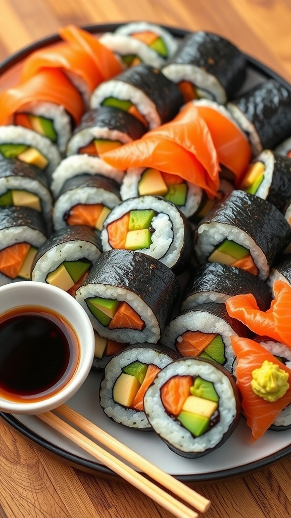 A colorful assortment of 3-ingredient sushi rolls filled with cucumber, avocado, smoked salmon on a platter with soy sauce and wasabi.